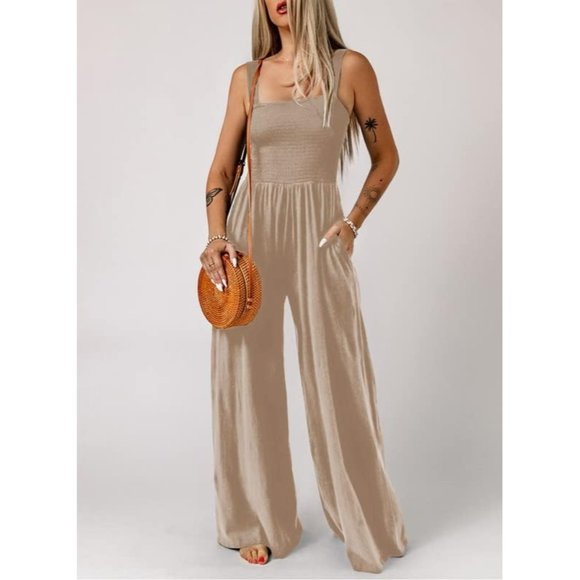Women's Apricot One Piece Sleeveless Wide Leg Long Pant Rompers With Pockets - Picture 4 of 6
